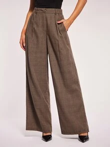 Radiana Casual Long Wide Leg Women's Suit Pants With Plain Plaid Pattern Multicolor Fabric - Multicolor - View 6