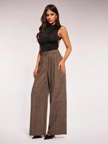 Radiana Casual Long Wide Leg Women's Suit Pants With Plain Plaid Pattern Multicolor Fabric - Multicolor - View 5