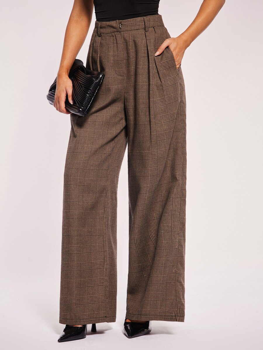 Radiana Casual Long Wide Leg Women's Suit Pants With Plain Plaid Pattern Multicolor Fabric - Multicolor - View 1