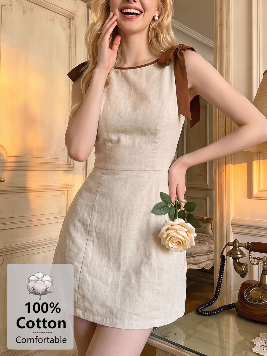 SHEIN MOD Women's Summer Elegant Romantic French Bow Decor Sleeveless Mini Dress Beach Garden Party Beige - Apricot - View 1
