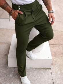 Manfinity Mode Men's Solid Color Pleated Casual Commuter Suit Pants - Olive Green - View 3