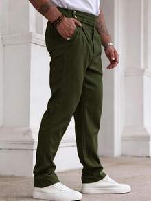 Manfinity Mode Men's Solid Color Pleated Casual Commuter Suit Pants - Olive Green - View 4