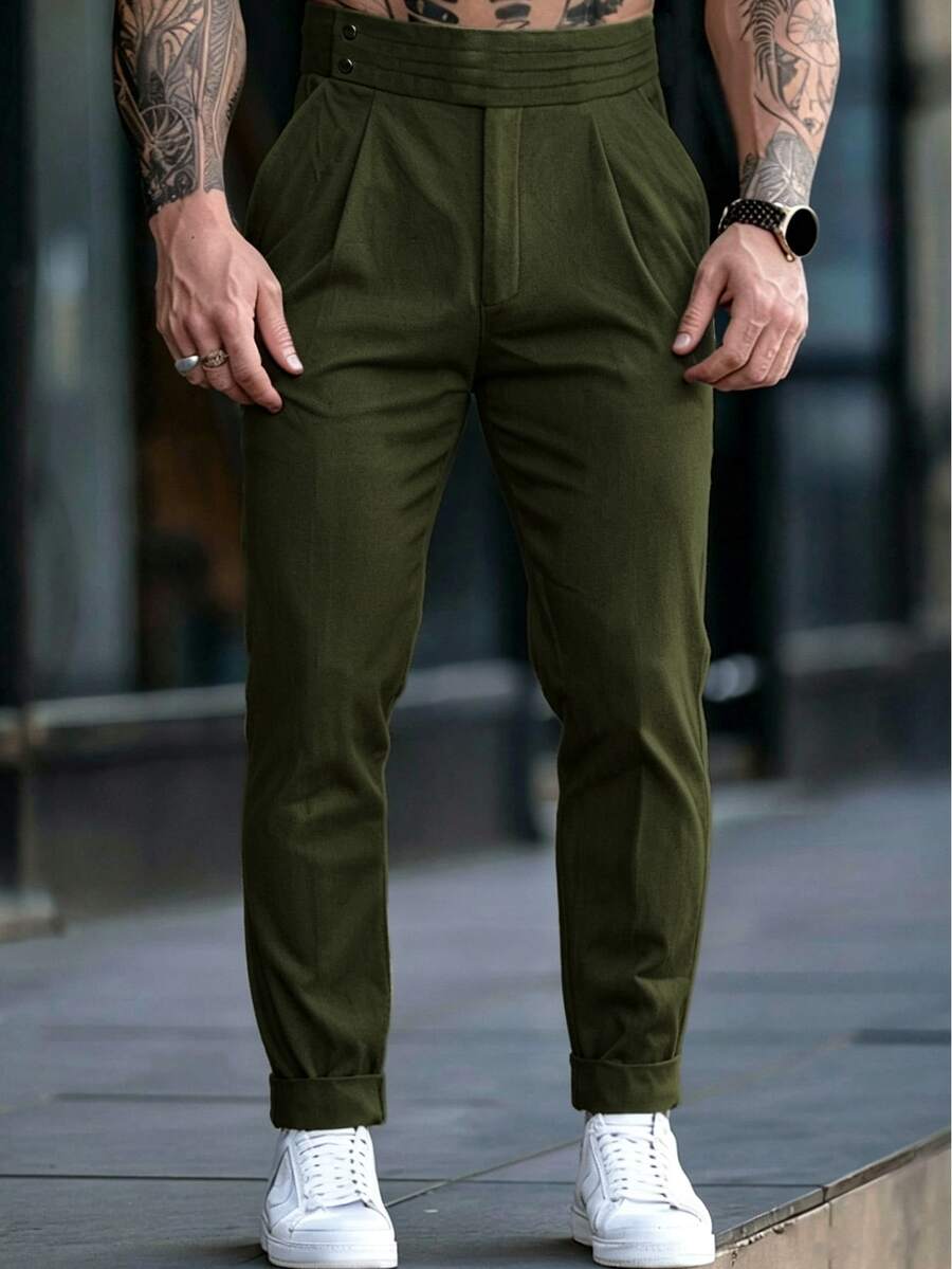 Manfinity Mode Men's Solid Color Pleated Casual Commuter Suit Pants - Olive Green - View 1