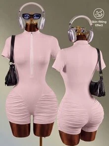 Mistrie Women's Casual Sports Fitness Yoga Ruched Romper - Pink - View 1