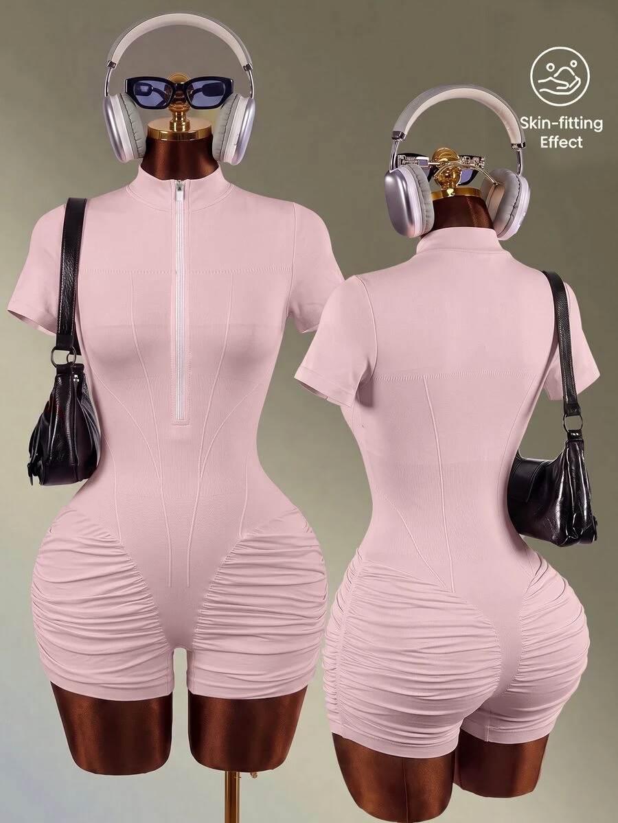 Mistrie Women's Casual Sports Fitness Yoga Ruched Romper - Pink - View 1