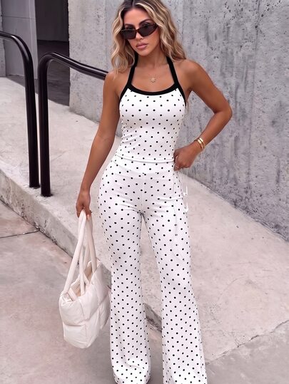 SHEIN Dewbera Women White Black Dots Halter Neck Crop Top High Waist Bell Bottom Pants Matching Set