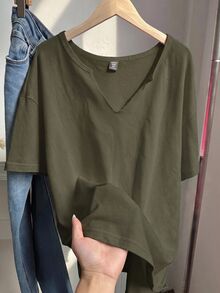 Comfortcana Plus Size Spring/Summer Distressed Snowflake Acetate Olive Green Loose Short Sleeve V-Neck T-Shirt Cotton Fabric Beach Vacation Evening Casual Formal - Army Green - View 5