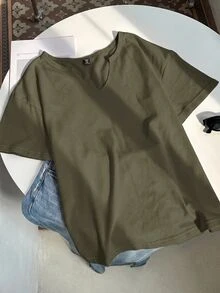 Comfortcana Plus Size Spring/Summer Distressed Snowflake Acetate Olive Green Loose Short Sleeve V-Neck T-Shirt Cotton Fabric Beach Vacation Evening Casual Formal - Army Green - View 7