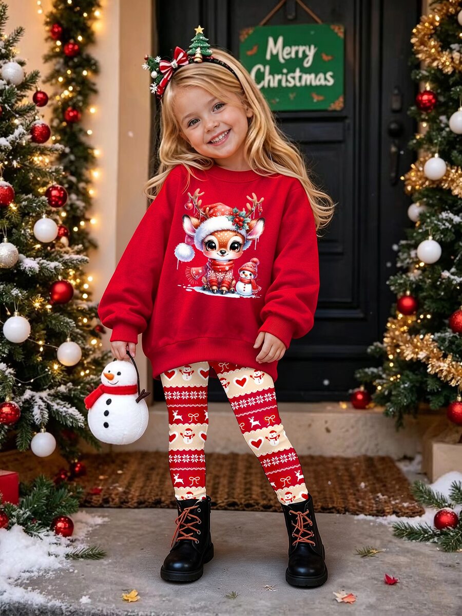 Toddler Girls Christmas Deer Snowman Cartoon Sweatshirt & Leggings Set, Red White Cozy Holiday Outfit, 2 Pcs - Multicolor - View 1