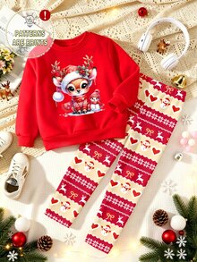 Toddler Girls Christmas Deer Snowman Cartoon Sweatshirt & Leggings Set, Red White Cozy Holiday Outfit, 2 Pcs - Multicolor - View 6