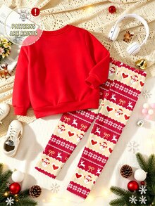 Toddler Girls Christmas Deer Snowman Cartoon Sweatshirt & Leggings Set, Red White Cozy Holiday Outfit, 2 Pcs - Multicolor - View 2