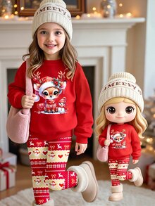 Toddler Girls Christmas Deer Snowman Cartoon Sweatshirt & Leggings Set, Red White Cozy Holiday Outfit, 2 Pcs - Multicolor - View 5