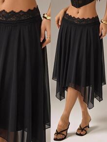 SHEIN PETITE Women's Black Lace Patchwork Asymmetrical Hem Fashion Versatile Skirt Date Night Party Summer/Autumn Sexy Elegant,Petite Women - Black - View 11