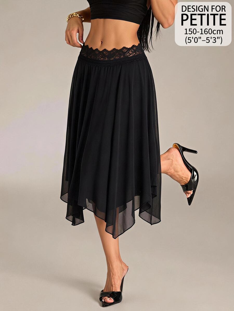 SHEIN PETITE Women's Black Lace Patchwork Asymmetrical Hem Fashion Versatile Skirt Date Night Party Summer/Autumn Sexy Elegant,Petite Women - Black - View 1