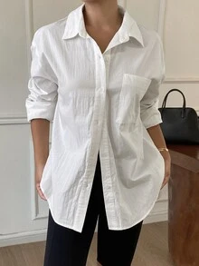 DAZY Women's Solid Color Single-Breasted Casual Versatile Daily Outing Shirt Long Sleeve Fall - White - View 5