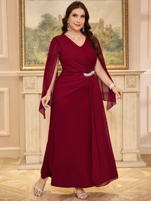 Reflora Plus Size Elegant Burgundy Formal Wedding Party Dress,Winter Rhinestone Embellished Evening Gown,Mother Of The Bride Dress,Luxury Women's Ceremony - Red - View 8
