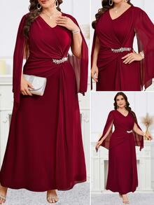 Reflora Plus Size Elegant Burgundy Formal Wedding Party Dress,Winter Rhinestone Embellished Evening Gown,Mother Of The Bride Dress,Luxury Women's Ceremony - Red - View 11