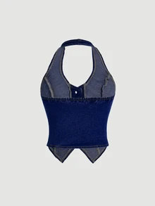 SHEIN EZwear Y2K Blue Elastic Fitted Cropped Denim Halter Neck Backless Vest Top - Dark Wash - View 6