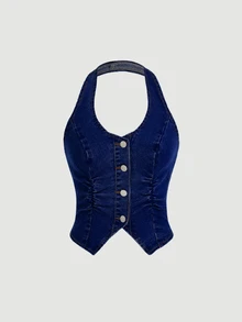 SHEIN EZwear Y2K Blue Elastic Fitted Cropped Denim Halter Neck Backless Vest Top - Dark Wash - View 7