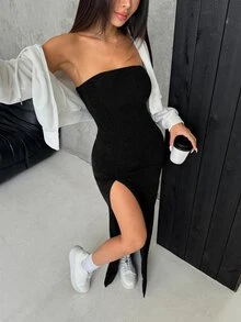 SHEIN EZwear 女款緊身抹胸牛仔洋裝，黑色高彈性針織高開衩休閒性感夜店約會洋裝，適合秋季 - 黑色 - 查看 3