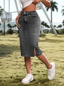 SHEIN EZwear 牛仔半身裙 女士休闲修身牛仔铅笔裙，及膝，弹力，蓝色 - 黑色 - 查看 6