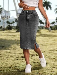 SHEIN EZwear 牛仔半身裙 女士休闲修身牛仔铅笔裙，及膝，弹力，蓝色 - 黑色 - 查看 2