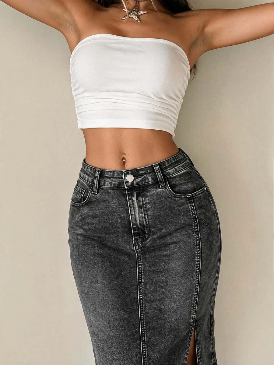 SHEIN EZwear 牛仔半身裙 女士休闲修身牛仔铅笔裙，及膝，弹力，蓝色 - 黑色 - 查看 1