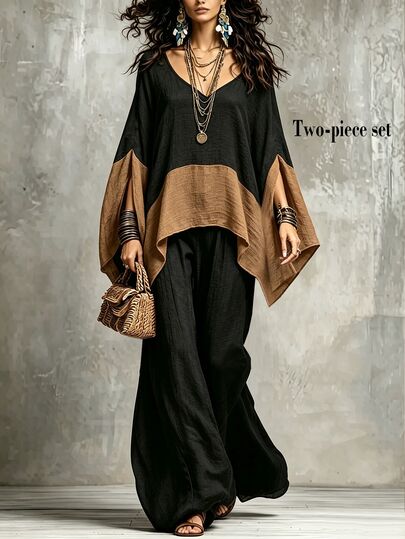 SHEIN Women Fall Winter Boho 2Piece Festival Outfit, Color Block Crinkle Textured Flare Sleeve VNeck Top & Wide Leg Trousers Set, Halloween Casual GoingO