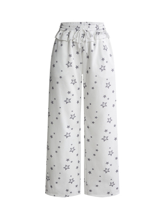 Kawaii Cute Girl Ruffle Hem Silver Star Print Low Waist Women's Sweatpants