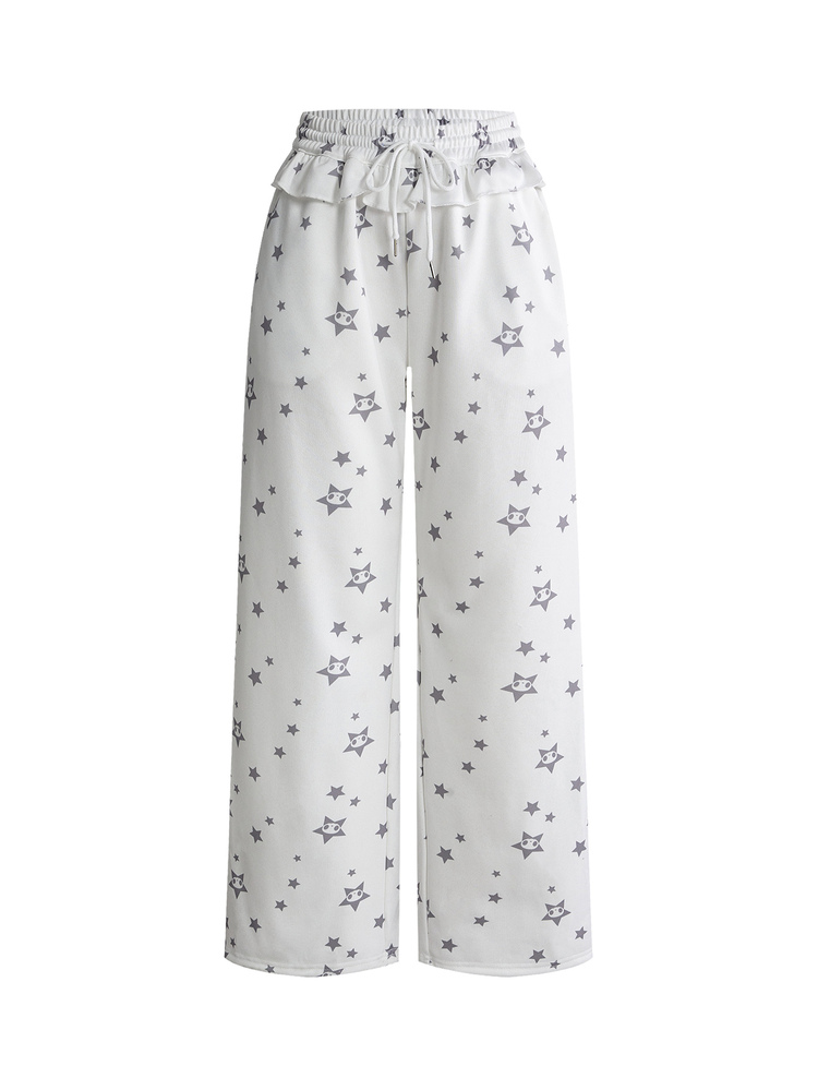 ROMWE Kawaii Cute Girl Ruffle Hem Silver Star Print Low Waist Women's Sweatpants - White - View 11