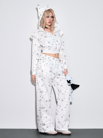 Kawaii Cute Girl Ruffle Hem Silver Star Print Low Waist Women's Sweatpants