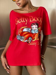 Betty Boop x SHEIN Women's Loose Casual Versatile Short Sleeve T-Shirt, - Red - View 7