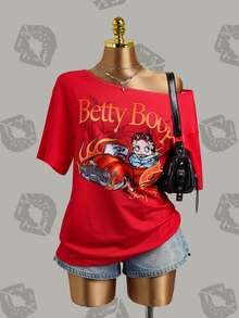 Betty Boop x SHEIN Women's Loose Casual Versatile Short Sleeve T-Shirt, - Red - View 2
