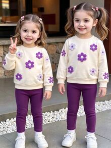 SHEIN Vintaside Kids 女嬰 3D 花朵衛衣與長褲套裝，可愛花卉裝飾長袖套頭上衣 & 羅紋針織長褲 2 件套休閒套裝 - 紫色 - 查看 8
