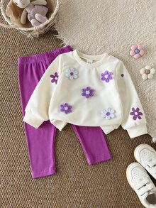 SHEIN Vintaside Kids 女嬰 3D 花朵衛衣與長褲套裝，可愛花卉裝飾長袖套頭上衣 & 羅紋針織長褲 2 件套休閒套裝 - 紫色 - 查看 4