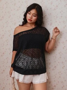 CovetEZ Spring/Summer New Mesh Distressed Asymmetrical Collar Vacation Casual Sexy Business Plus Size Short Sleeve Sweater Date Night Dinner Formal Black - Black - View 5