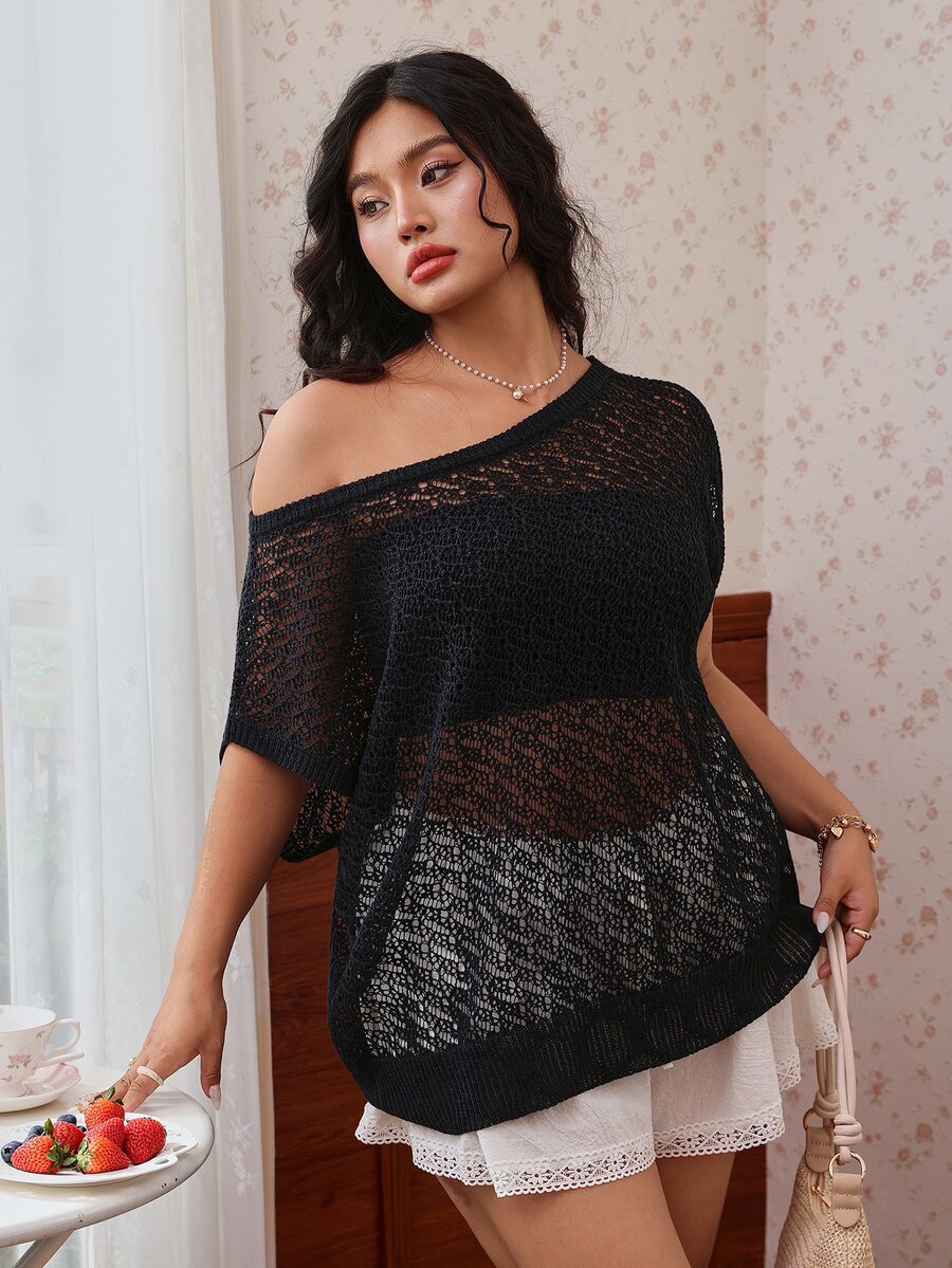 CovetEZ Spring/Summer New Mesh Distressed Asymmetrical Collar Vacation Casual Sexy Business Plus Size Short Sleeve Sweater Date Night Dinner Formal Black - Black - View 1