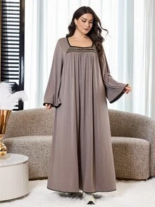 Al Najma Plus Size Women's Lace Patchwork Cuff Arabian Dress - Grey - View 3