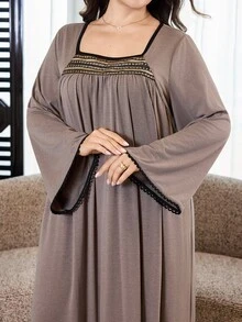 Al Najma Plus Size Women's Lace Patchwork Cuff Arabian Dress - Grey - View 8