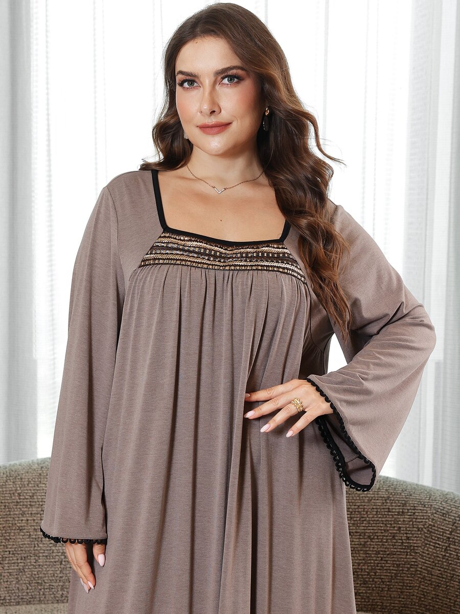 Al Najma Plus Size Women's Lace Patchwork Cuff Arabian Dress - Grey - View 1