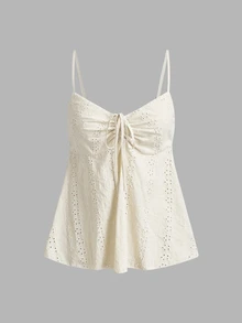 Opulessa Women's French Embroidery Hollow Pleated Tie Strap Camisole - Apricot - View 7
