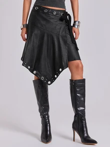ROMWE Autumn/Winter Casual Y2K Asymmetrical Hem Waist Tie Metal Eyelet Low Waist A-Line Skirt - Black - View 4