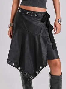 ROMWE Autumn/Winter Casual Y2K Asymmetrical Hem Waist Tie Metal Eyelet Low Waist A-Line Skirt - Black - View 6