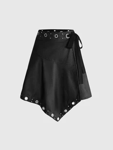 ROMWE Autumn/Winter Casual Y2K Asymmetrical Hem Waist Tie Metal Eyelet Low Waist A-Line Skirt - Black - View 2