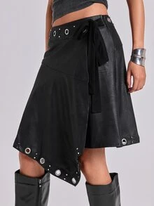 ROMWE Autumn/Winter Casual Y2K Asymmetrical Hem Waist Tie Metal Eyelet Low Waist A-Line Skirt - Black - View 7