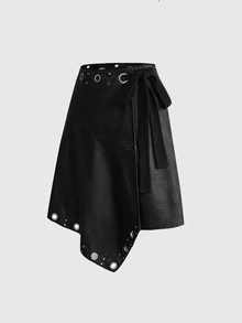 ROMWE Autumn/Winter Casual Y2K Asymmetrical Hem Waist Tie Metal Eyelet Low Waist A-Line Skirt - Black - View 8