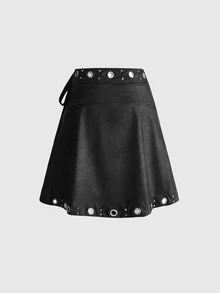 ROMWE Autumn/Winter Casual Y2K Asymmetrical Hem Waist Tie Metal Eyelet Low Waist A-Line Skirt - Black - View 9