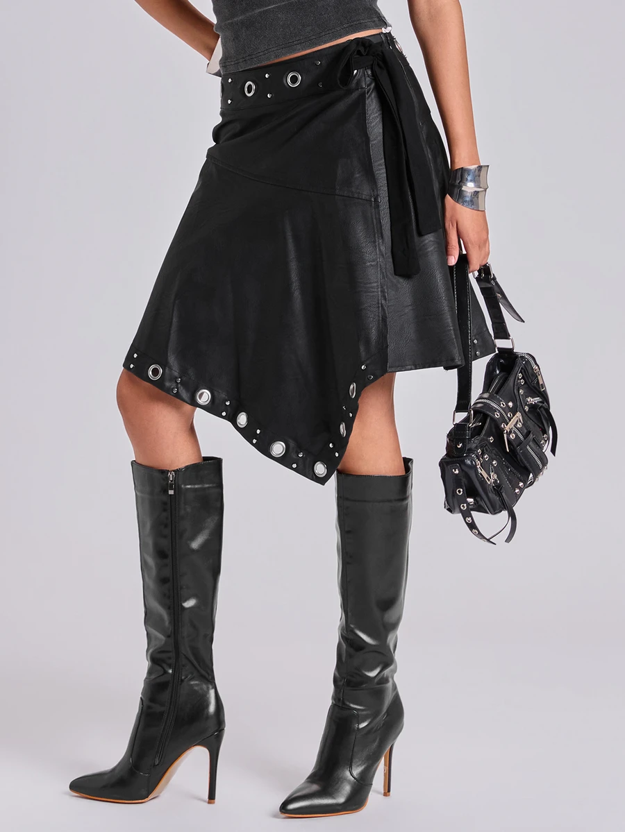 ROMWE Autumn/Winter Casual Y2K Asymmetrical Hem Waist Tie Metal Eyelet Low Waist A-Line Skirt - Black - View 1