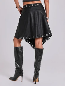 ROMWE Autumn/Winter Casual Y2K Asymmetrical Hem Waist Tie Metal Eyelet Low Waist A-Line Skirt - Black - View 5