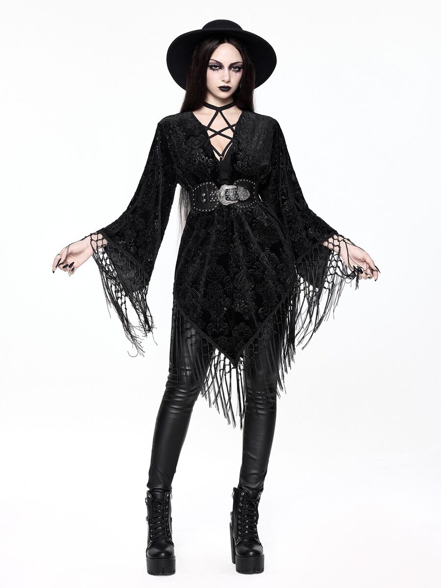 ROMWE Vintage Black Velvet Burnout Gothic Style Tassel Shawl Cardigan - Black - View 1